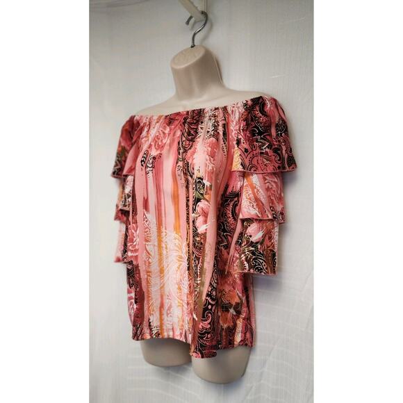 Cato Est 1946 Tiered Ruffle Sleeve 3/4 Sleeve Floral Blouse Pink/Black Size M - Picture 3 of 6